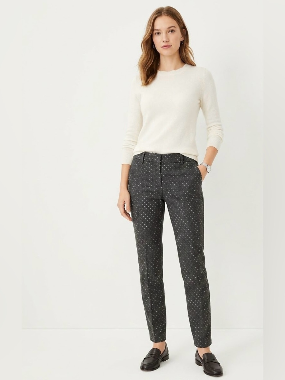 LOFT Julie $80 W15.5” R9” I31” Skinny Polka Dot Trousers Gray/Ivory 6 Tall